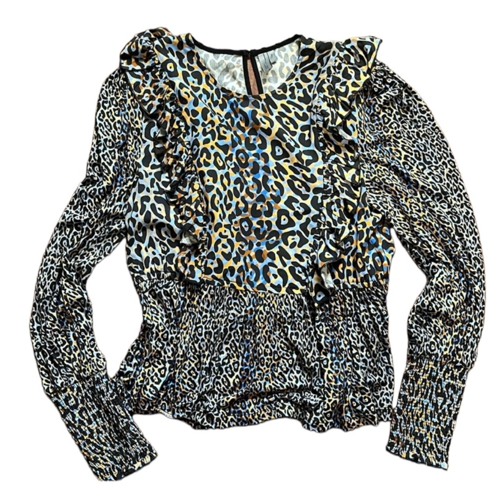 $128 Anthropologie bl^nk blank London leopard ruffle top with runched sleeves
